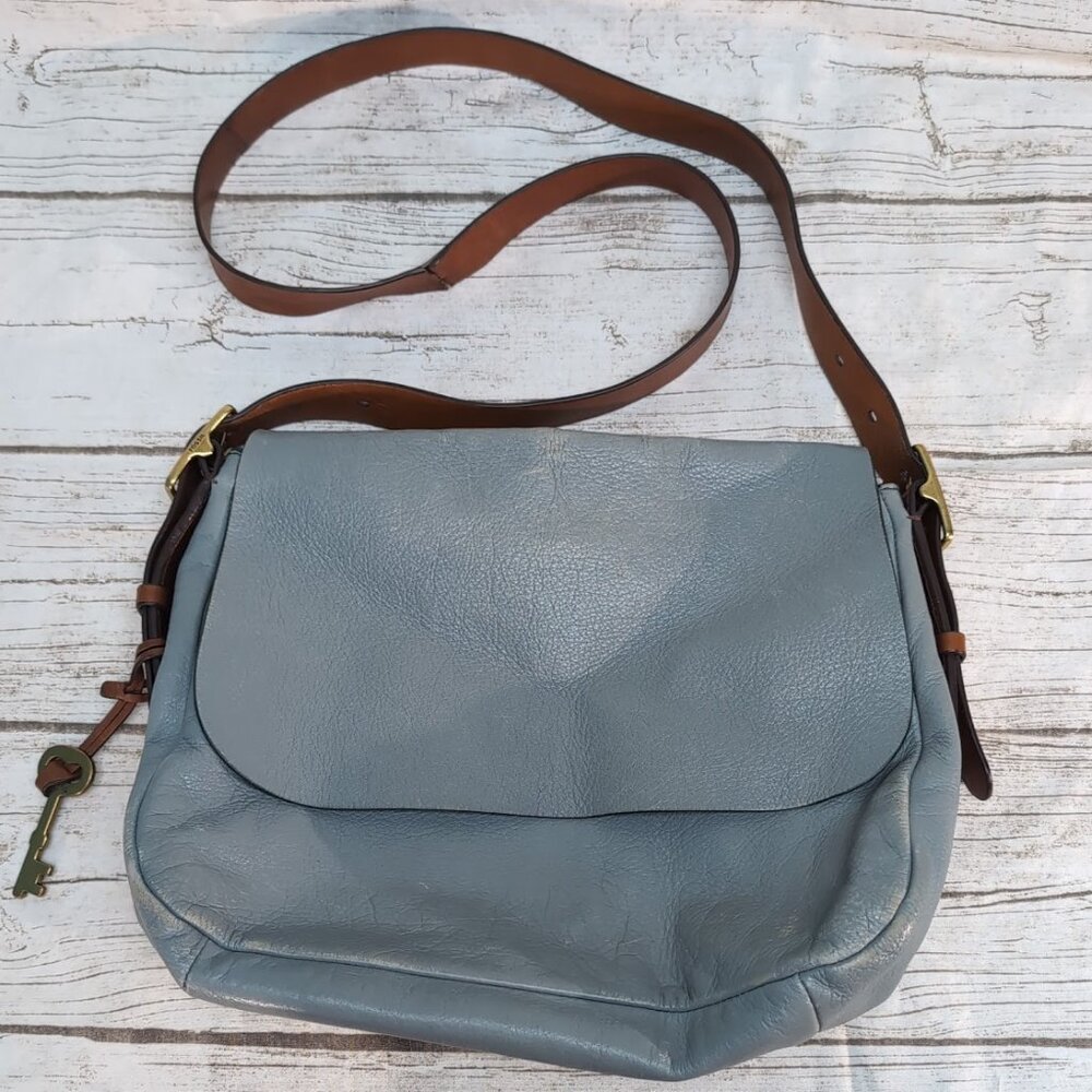 Fossil Leather Light Blue Seaglass Green Harper Crossbody Bag Large - Flawed